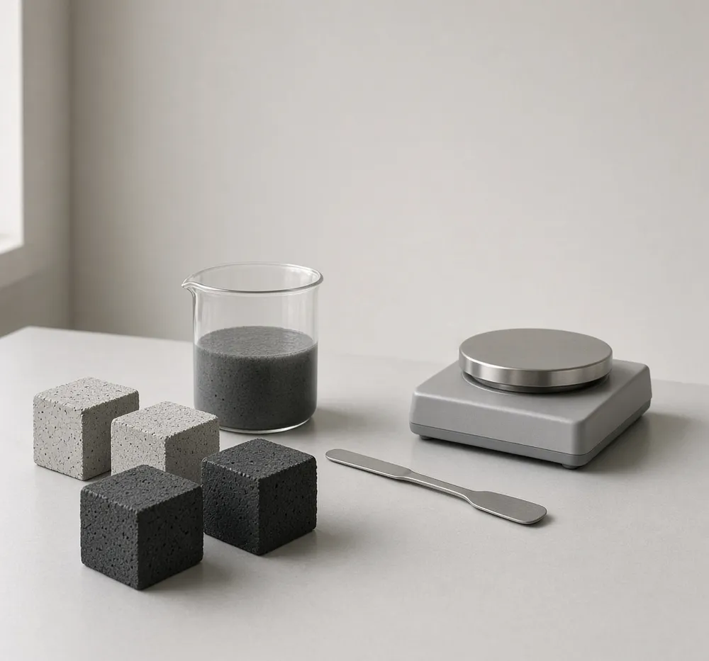 Laboratoriebenk med betongkuber, begerglass og vekt